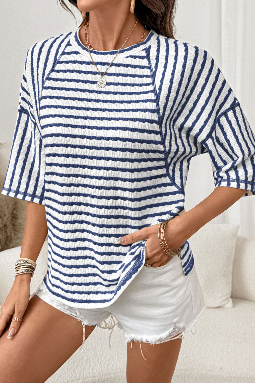 Sky Blue Stripe Textured Knit Split Hem Half Sleeve Loose Top