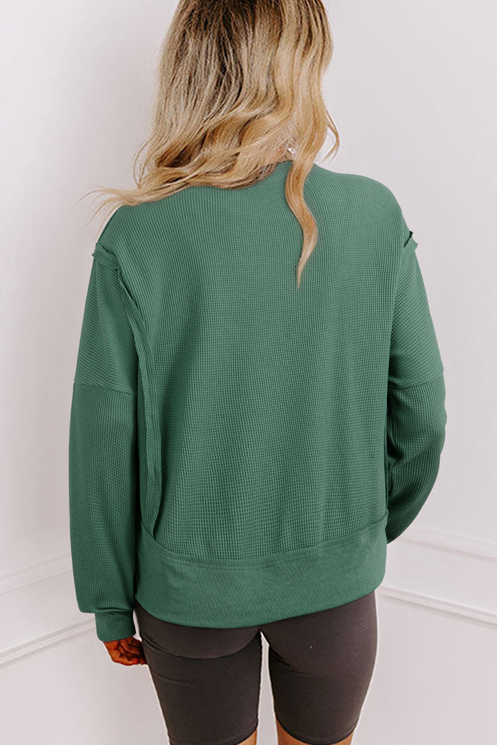 Orchid Mist Solid Color Raw Seam Patchwork Ribbed Drop Shoulder Sweatshirt