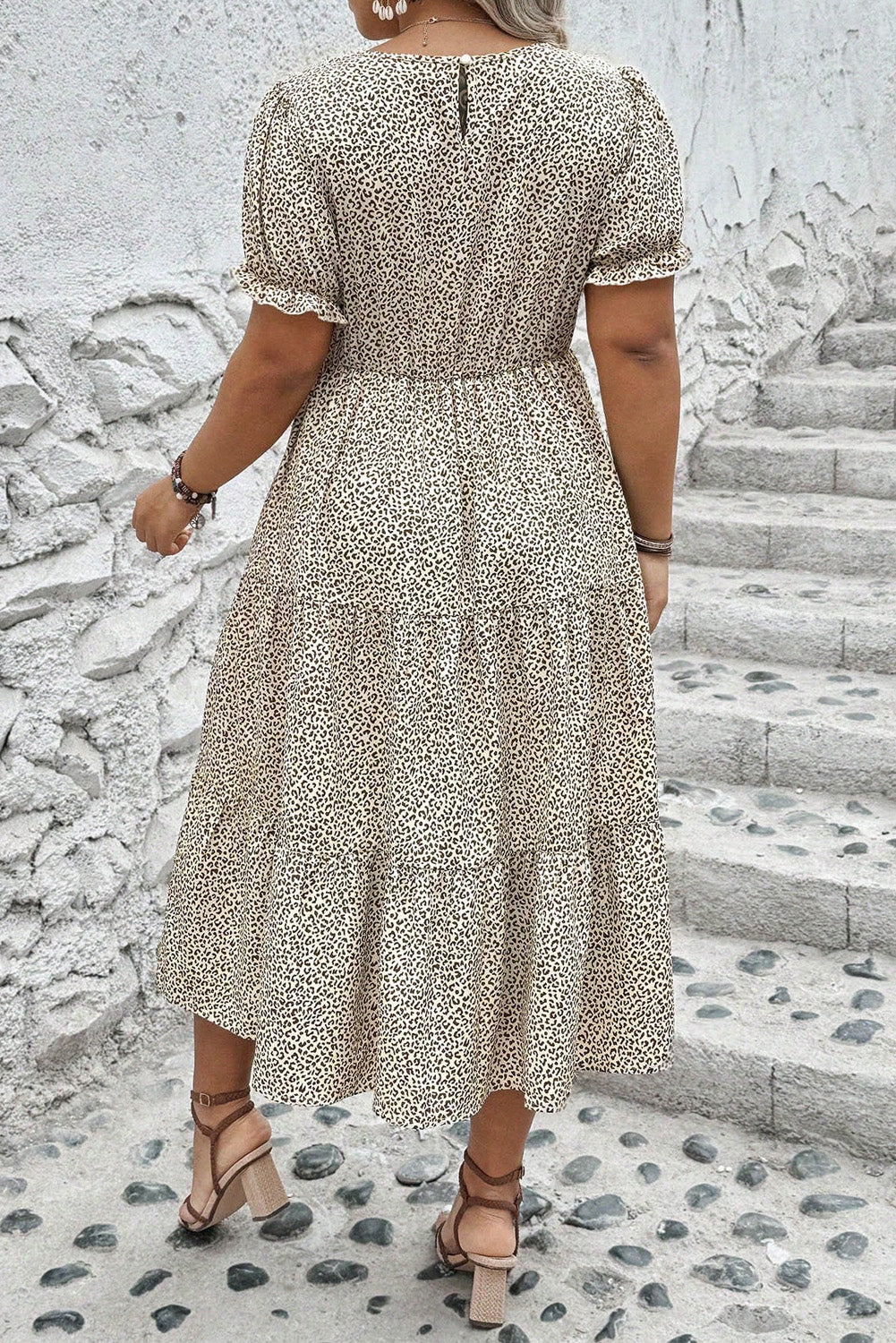 Brown Plus Size Leopard Print Frill Trim Short Sleeve Flared Dress