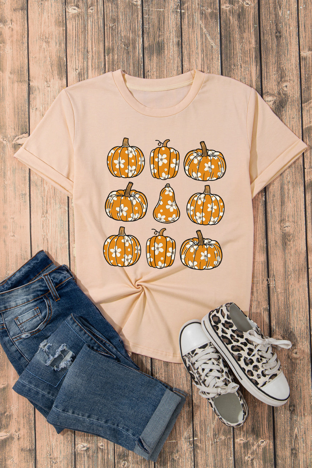 Khaki Floral Pumpkin Print Casual T Shirt