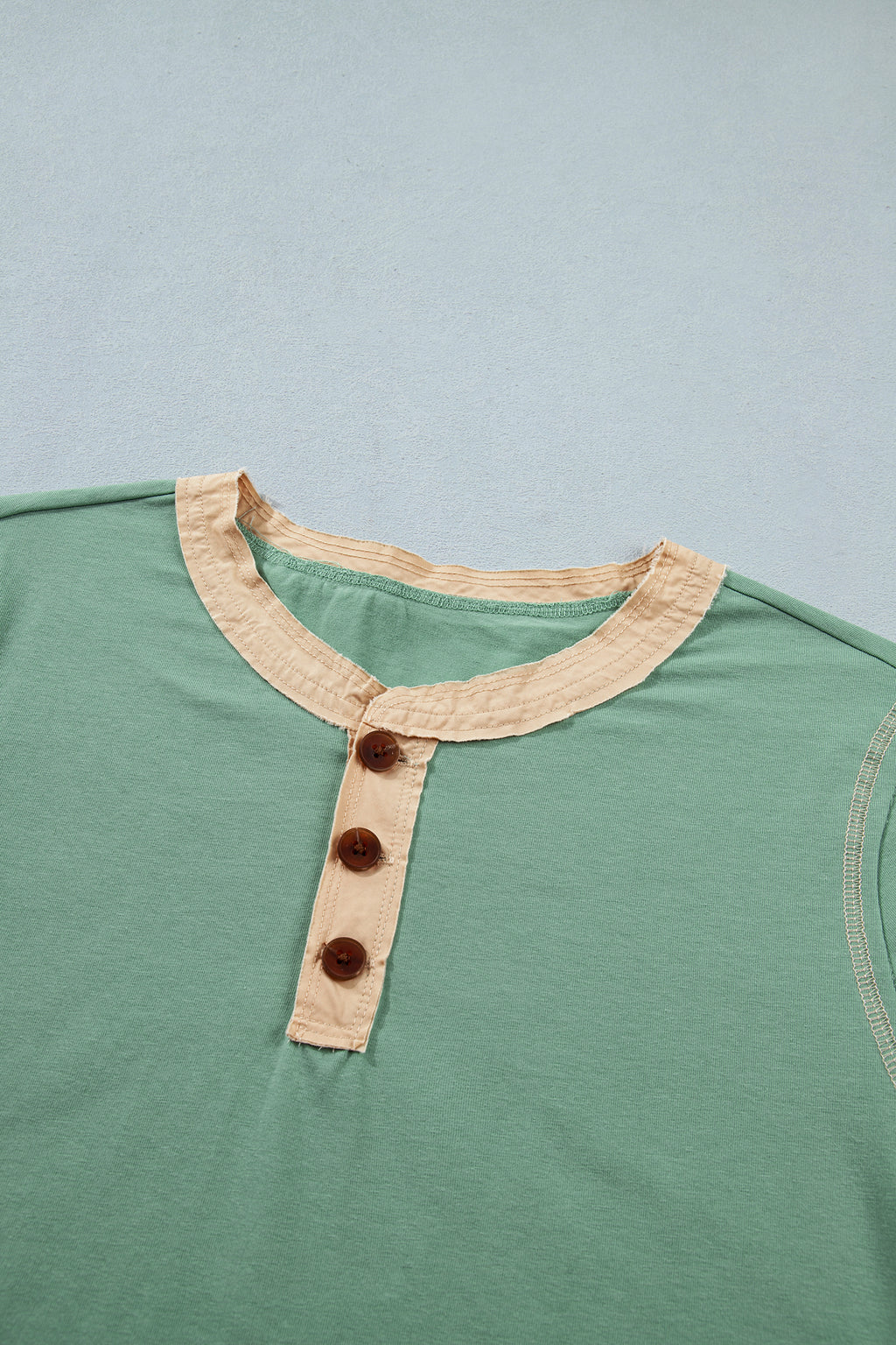Light Grey Raw Seam Color Block Detail Buttoned Henley Tee