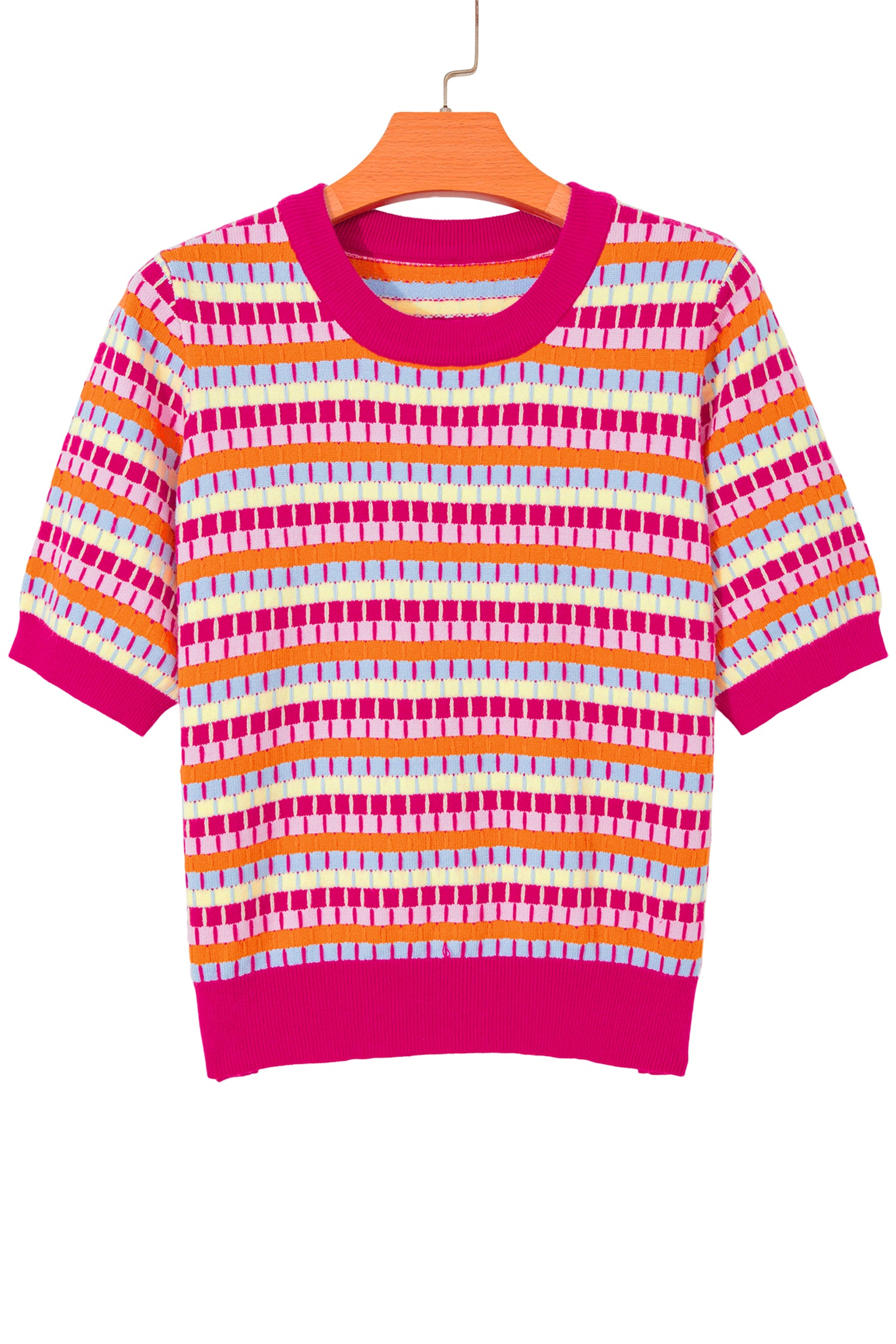 Orange Abstract Striped Knit Short Sleeve Sweater