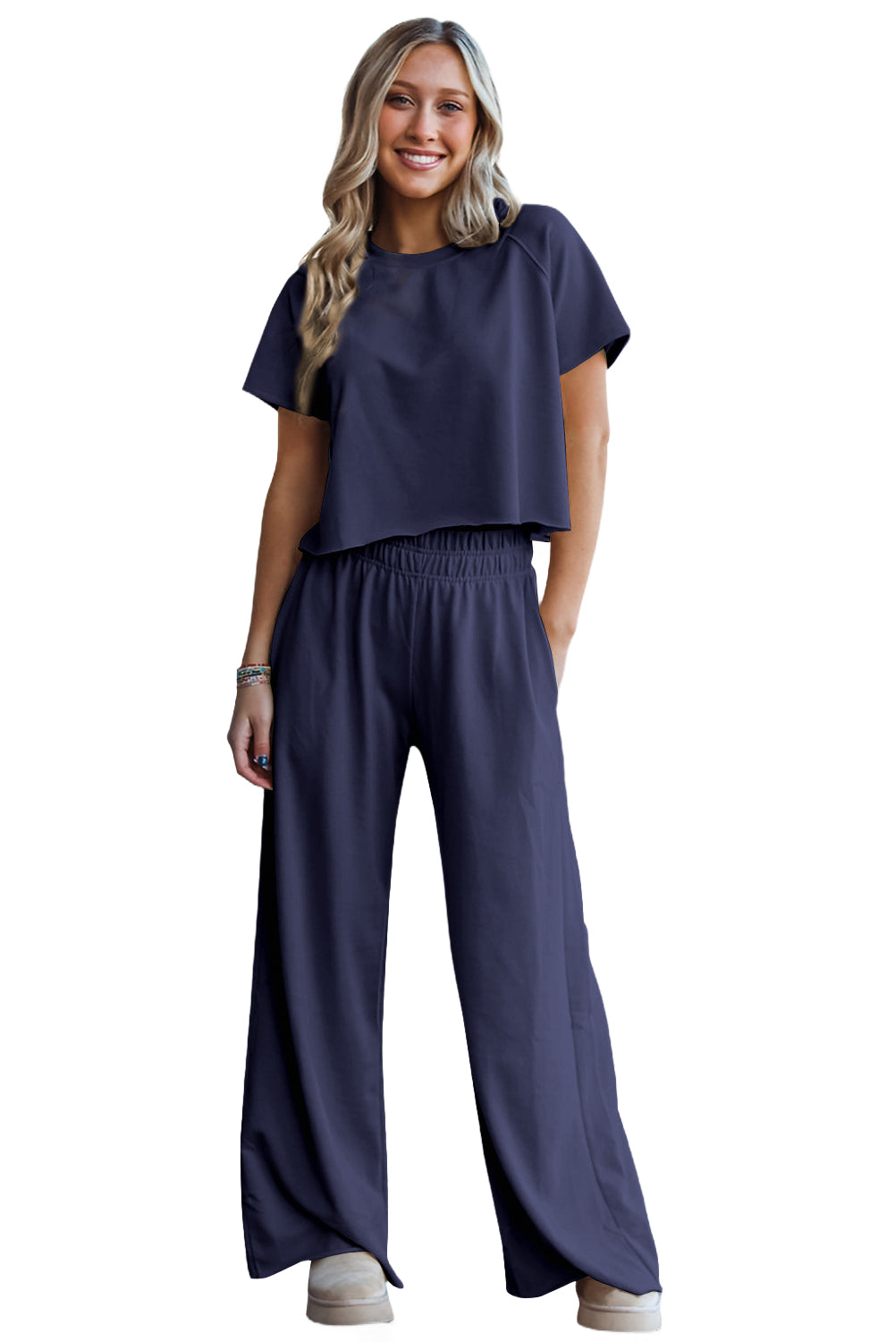 Navy Blue Raw Hem Loose Tee and Wide Leg Pants Set