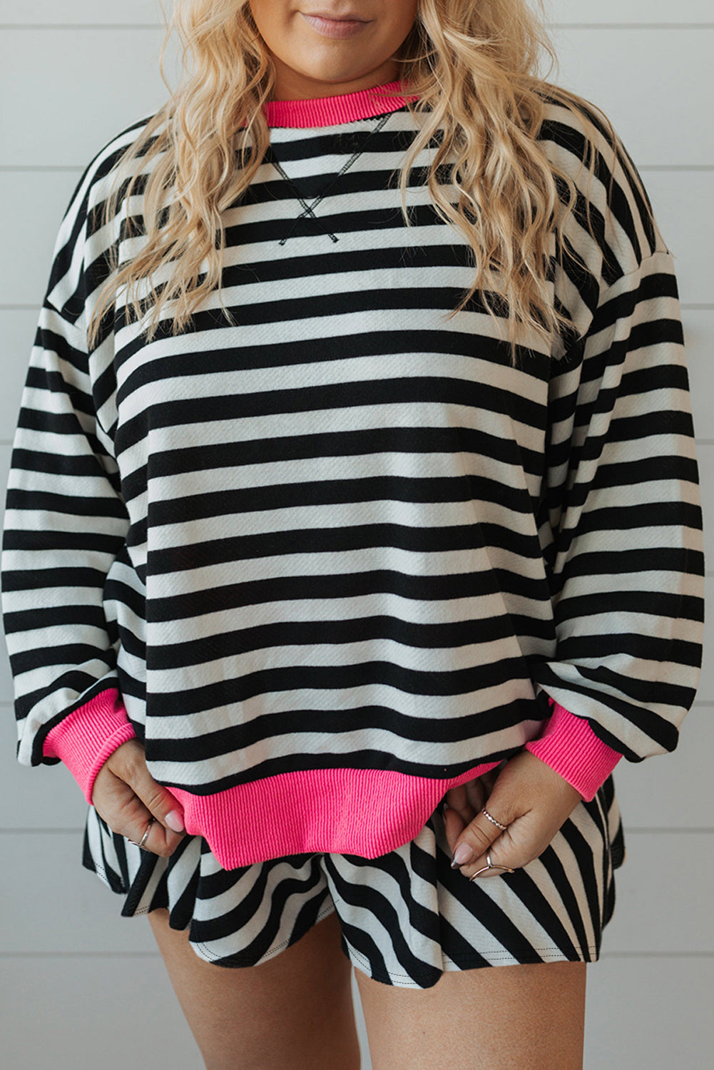 Black Stripe Color Block Edge Pullover and Shorts PLus Size Set
