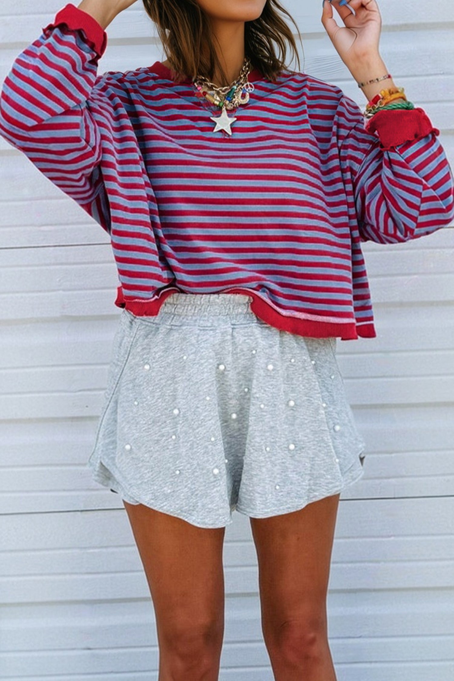 Green Stripe Exposed Seam Contrast Ribbed Trim Oversize Sweatshirt