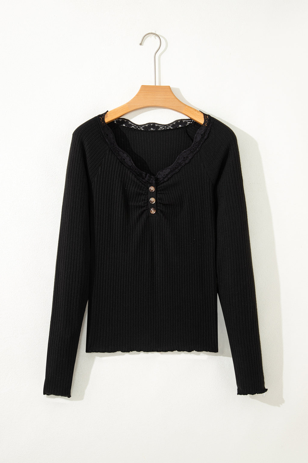 Beige Lace Neckline Button Decor Lettuce Edge Long Sleeve Ribbed Top