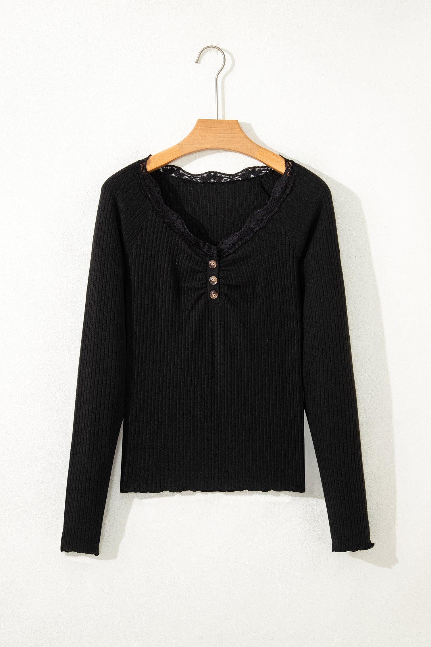 Beige Lace Neckline Button Decor Lettuce Edge Long Sleeve Ribbed Top