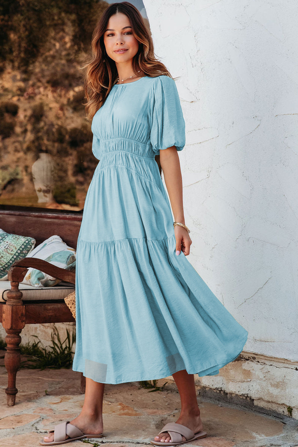 Pink Puff Sleeve Pleated High Waist Flowy Long Dress