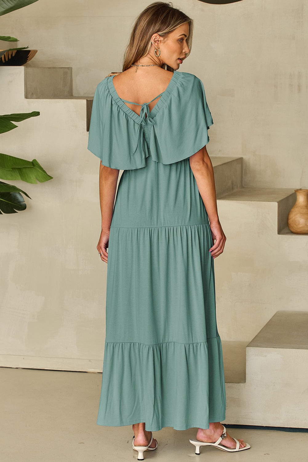 Parchment Textured V Neck Flutter Sleeve Ruffled Maxi Dress