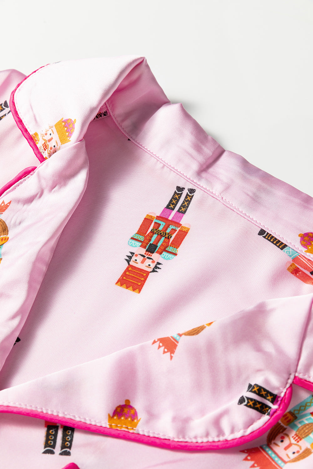 Pink Nutcracker Print Contrast Trim Tied up Bow Silky 2pcs Pajama Set