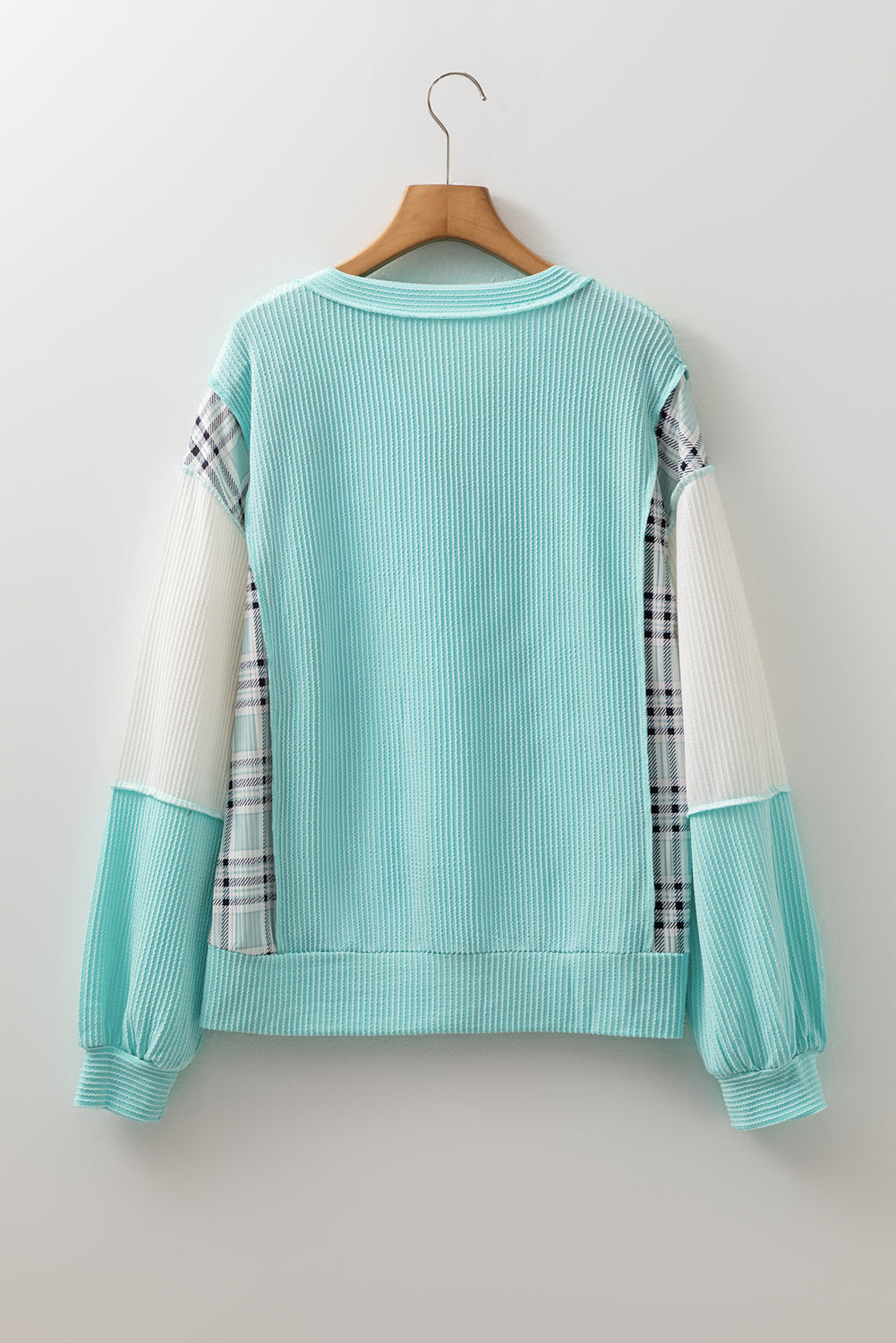 Aruba Blue Corded Texture Plaid Colorblock Patchwork Split Neck Long Sleeve Top