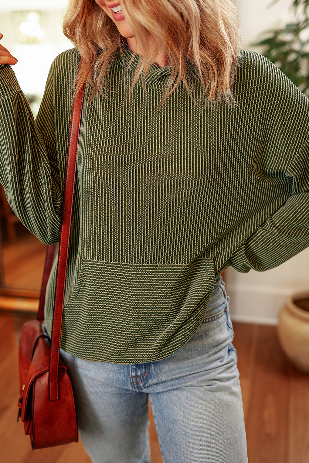 Coffee Twisted Rib Texture Solid Hoodie