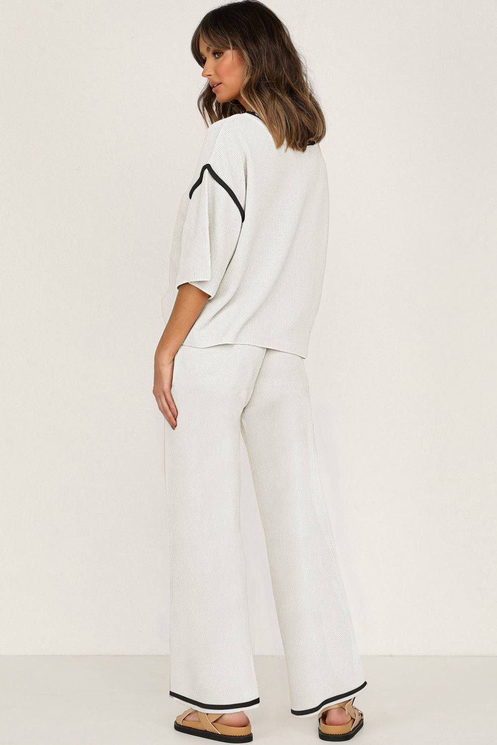 Navy Blue Contrast Trim Half Sleeve Top Drawstring Pants Loose 2pcs Sweater Suit
