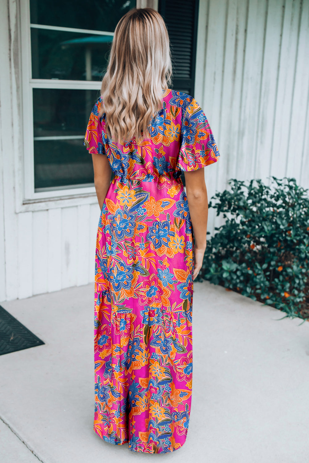 Green Wrap V Neck Floral Maxi Dress