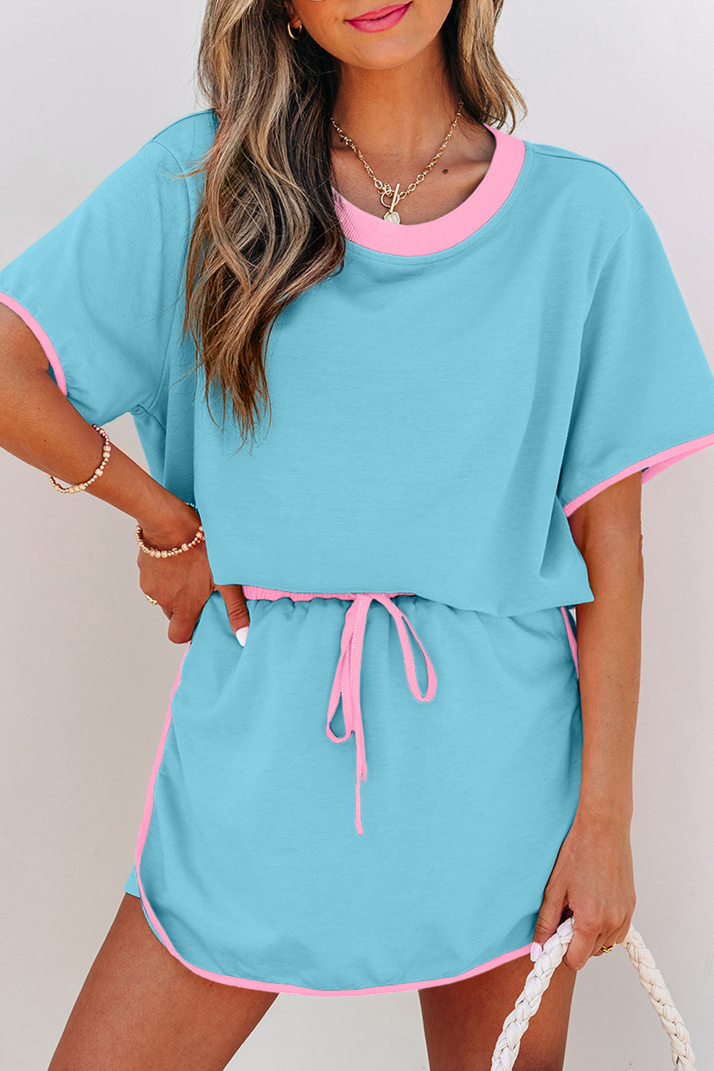 Evergreen Colorblock Edge Drop Shoulder T Shirt and Skirt 2Pcs Set