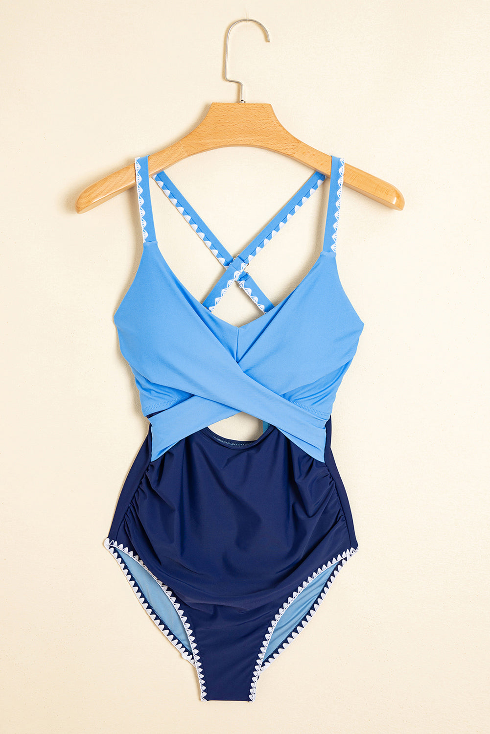 Black Ric Rac Trim Contrasted Patchwork Cutout One Piece Swimsuit