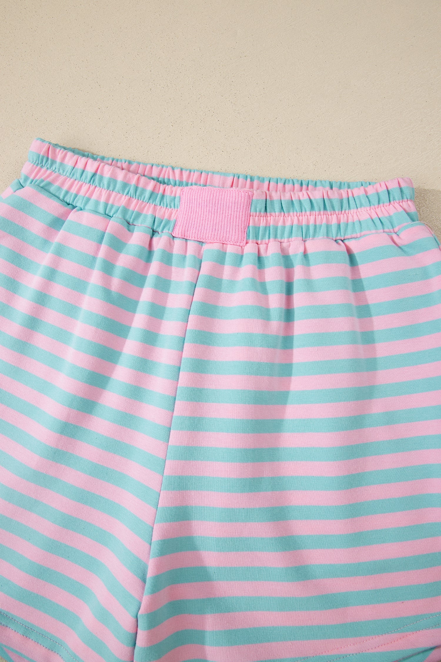 Green Stripe Color Block Detail Long Sleeve Pullover Elastic Waist Pull On Shorts 2pcs Set