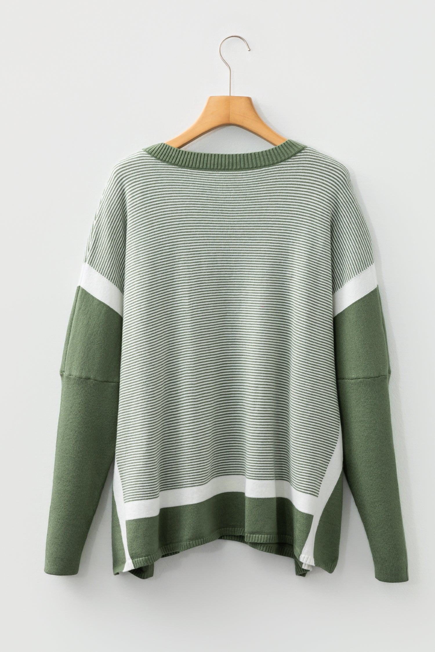 Green Stripe Color Block Patchwork Dolman Oversize Tunic Sweater