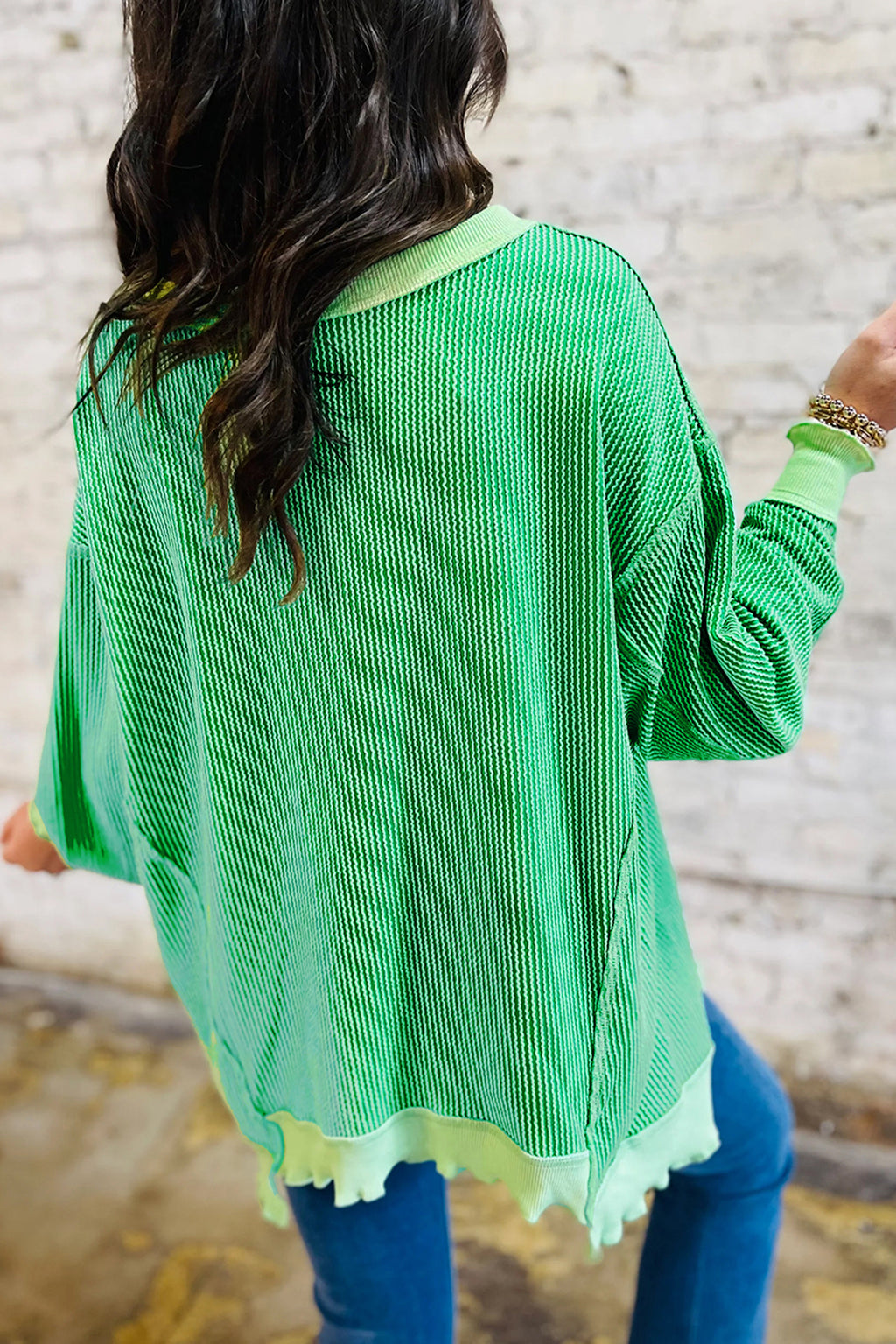 Bright Green Twisted Rib St Patricks Day Sequin Patch Graphic Long Sleeve Top