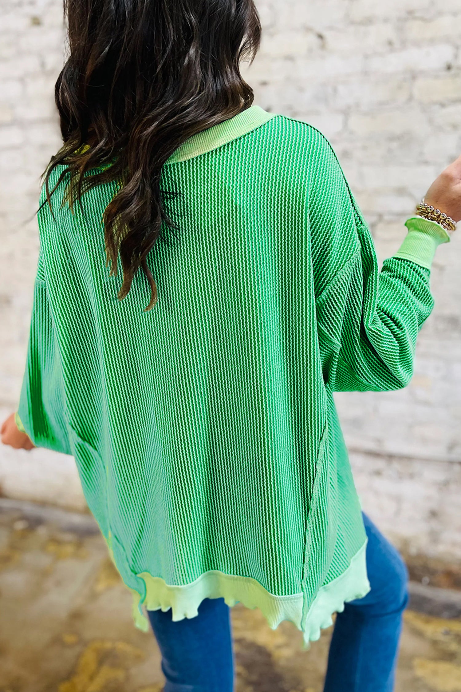Bright Green Twisted Rib St Patricks Day Sequin Patch Graphic Long Sleeve Top