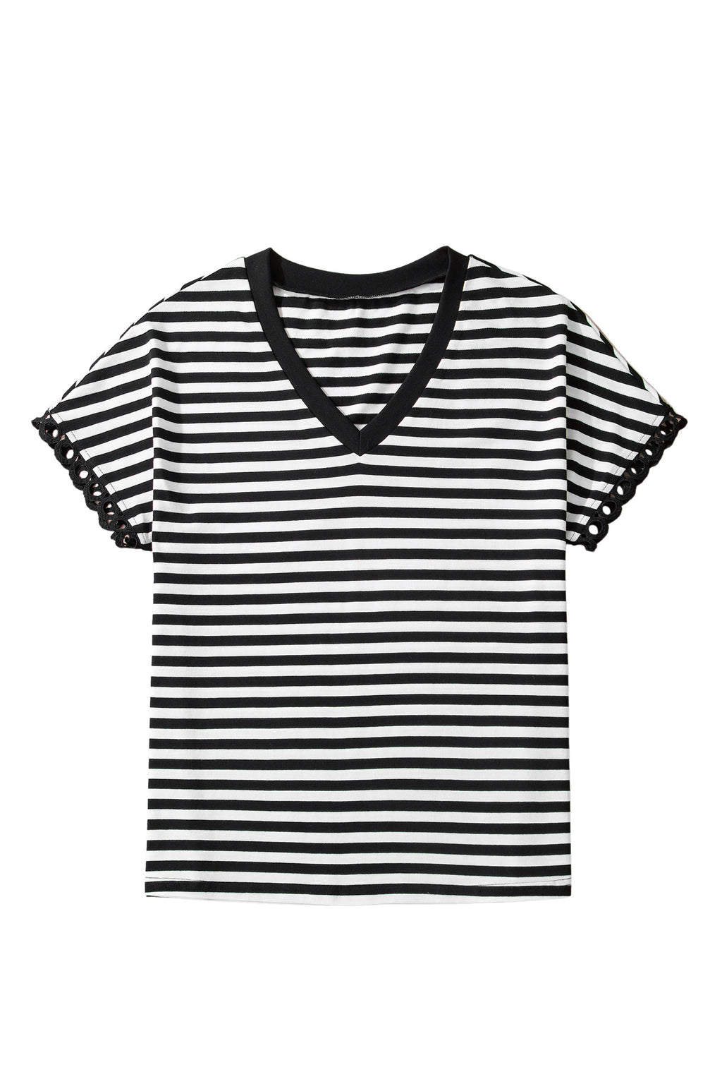 Black Striped Print V Neck Delicate Trim Casual Tee