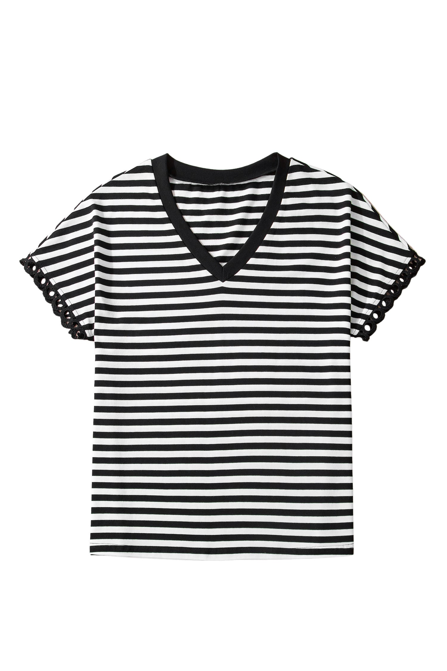 Black Striped Print V Neck Delicate Trim Casual Tee