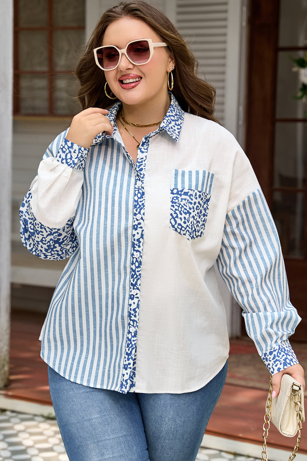 Sky Blue Leopard Striped Patchwork Casual Plus Shirt
