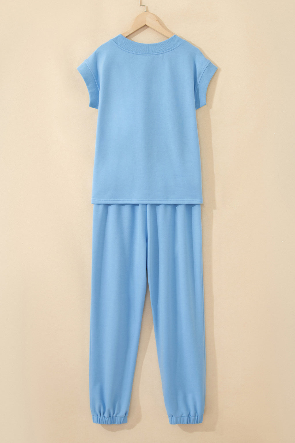 Apricot Pink Solid Color V Neck Tee Drawstring Pant Set