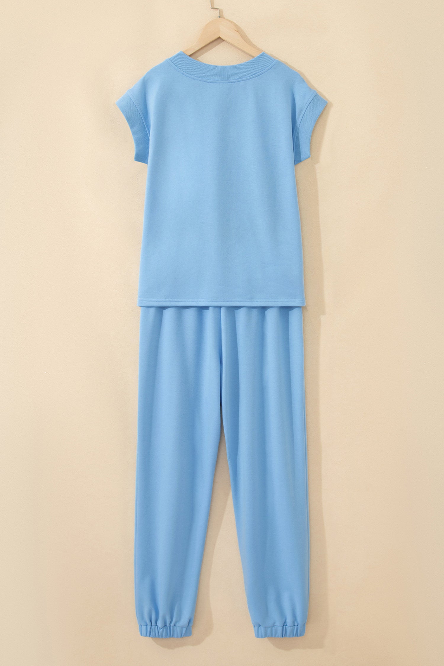 Apricot Pink Solid Color V Neck Tee Drawstring Pant Set