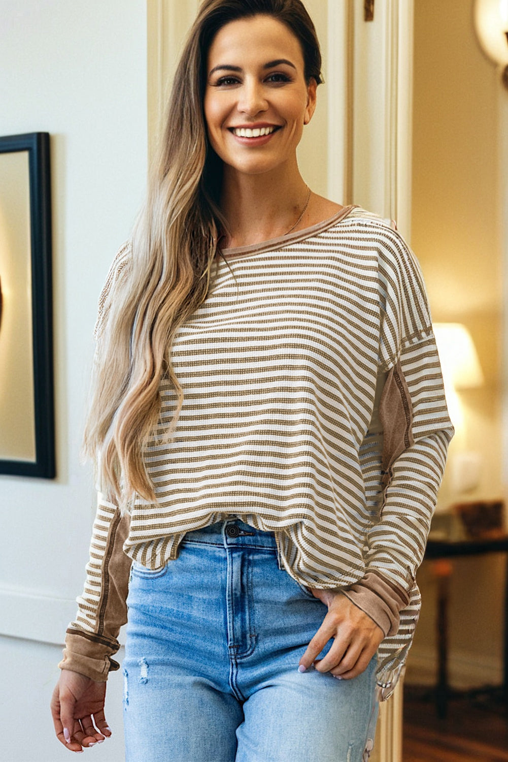 Black Stripe Thermal Knit Drop Shoulder Casual Top