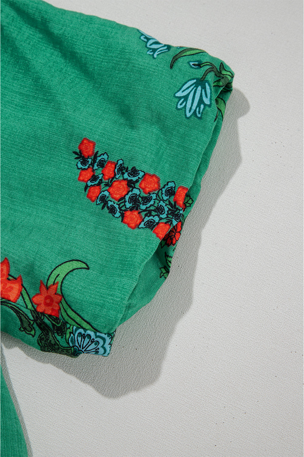 Bright Green Floral Print Buttoned V Neck Short Sleeve Blouse