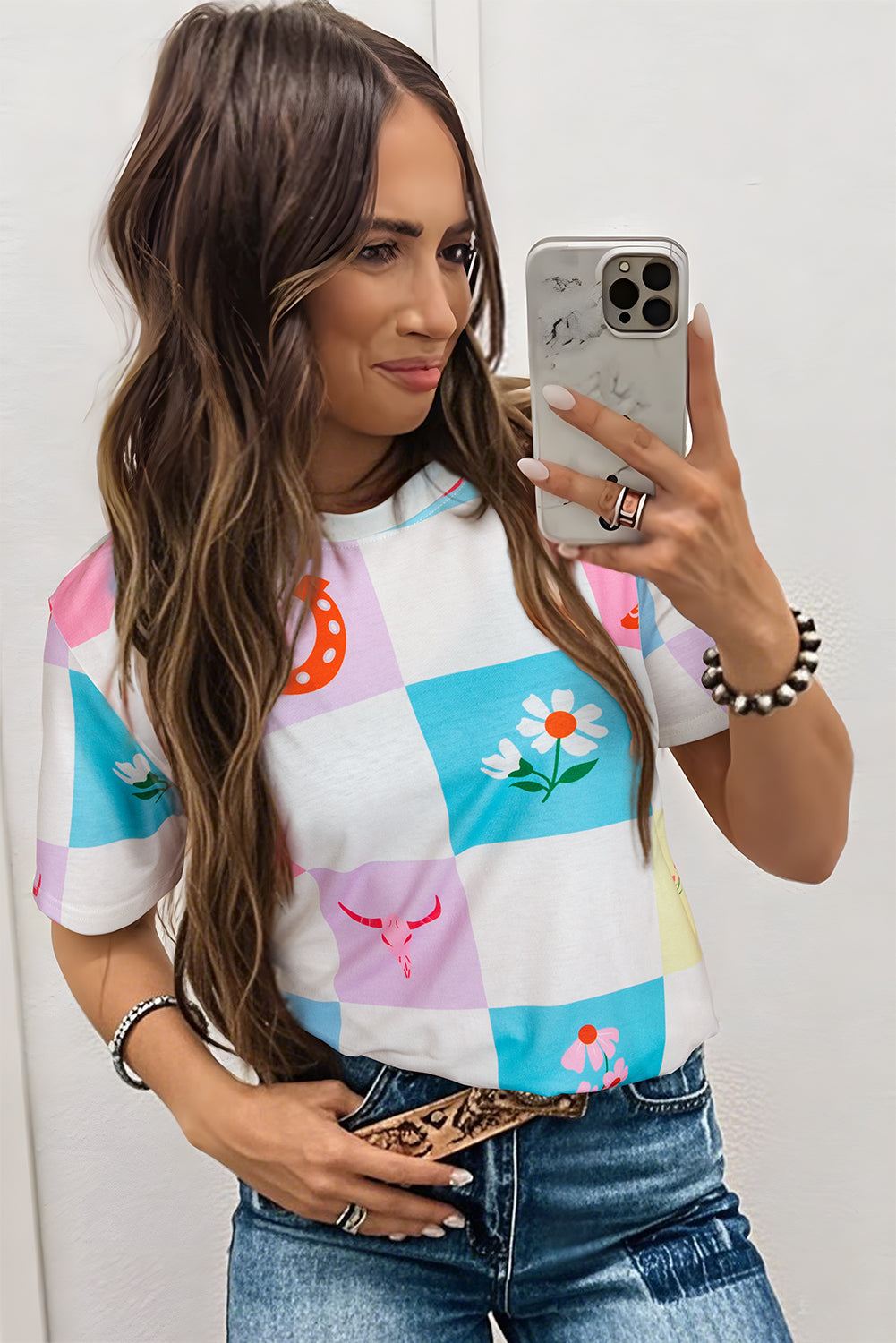 Sky Blue Western Fashion Checker Print Crewneck T Shirt