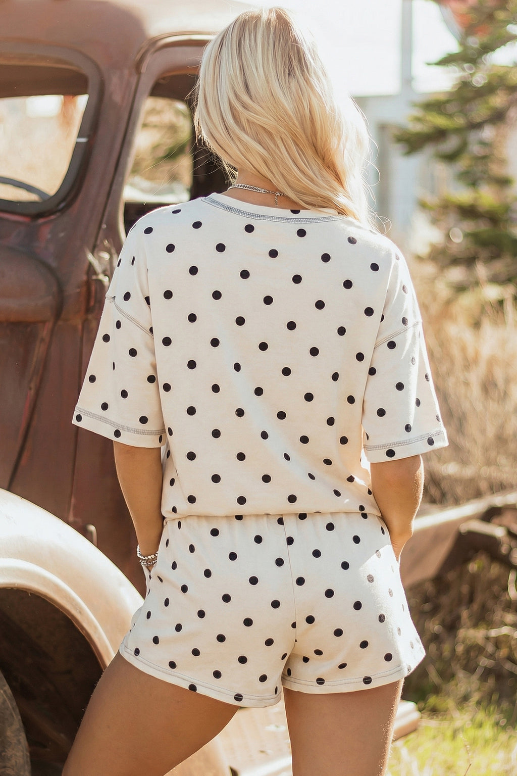Pink Exposed Seam Detail Polka Dot Loose Tee Drawstring Shorts Set