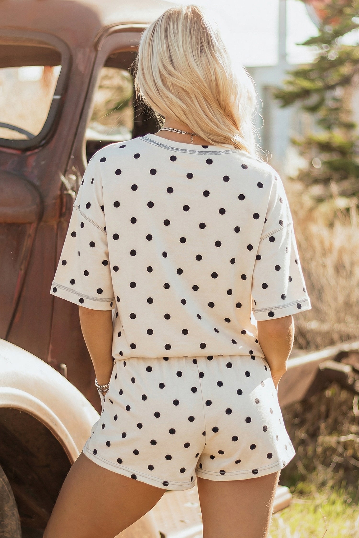 Pink Exposed Seam Detail Polka Dot Loose Tee Drawstring Shorts Set