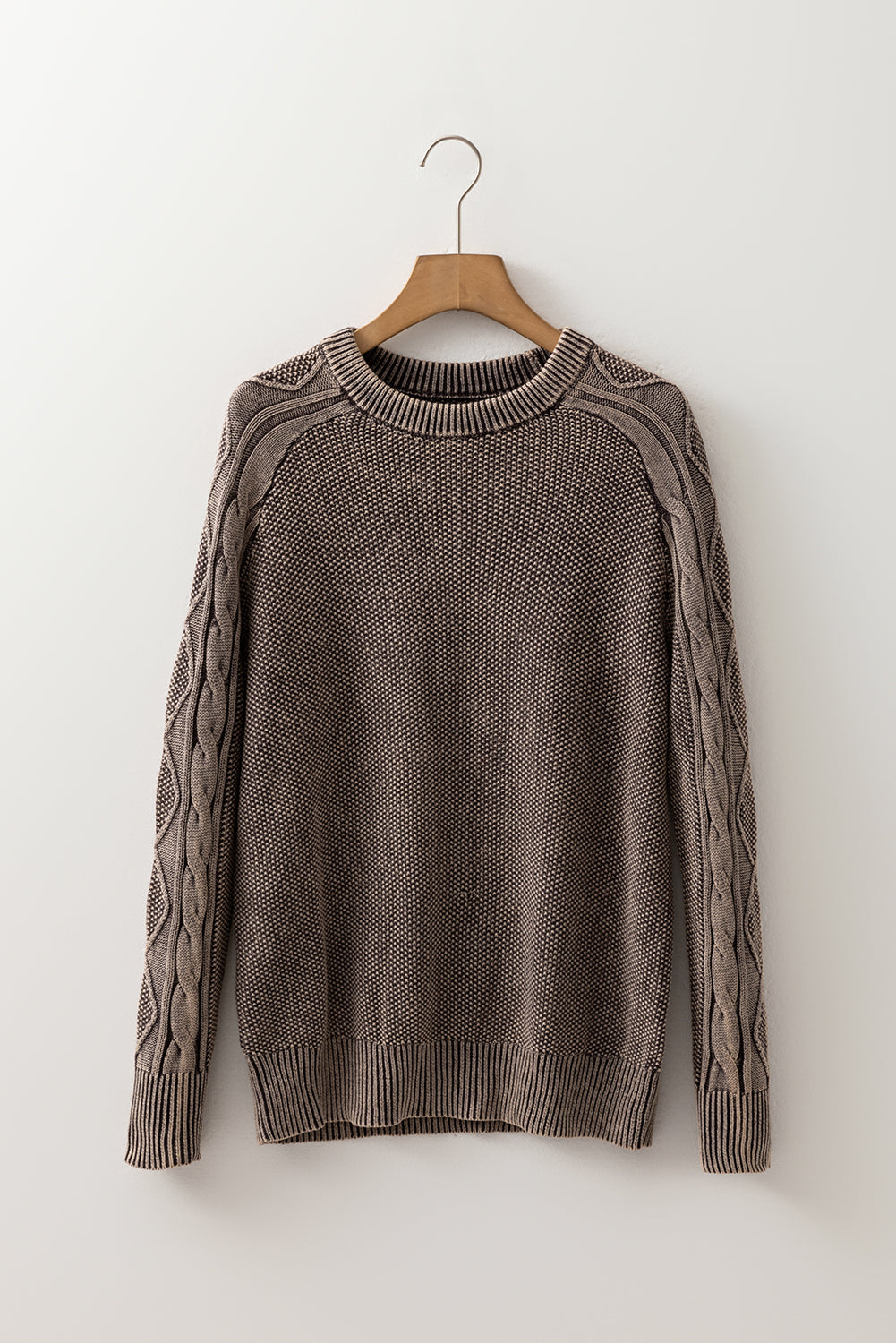 Dark Brown Contrast Cable Knit Sleeve Casual Sweater