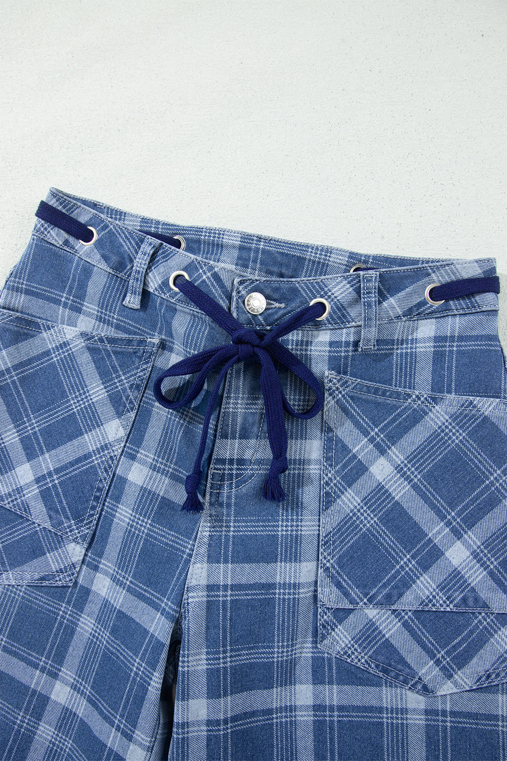 Sky Blue Plaid Denim Grommet Drawstring Waist Ankle-Length Jeans