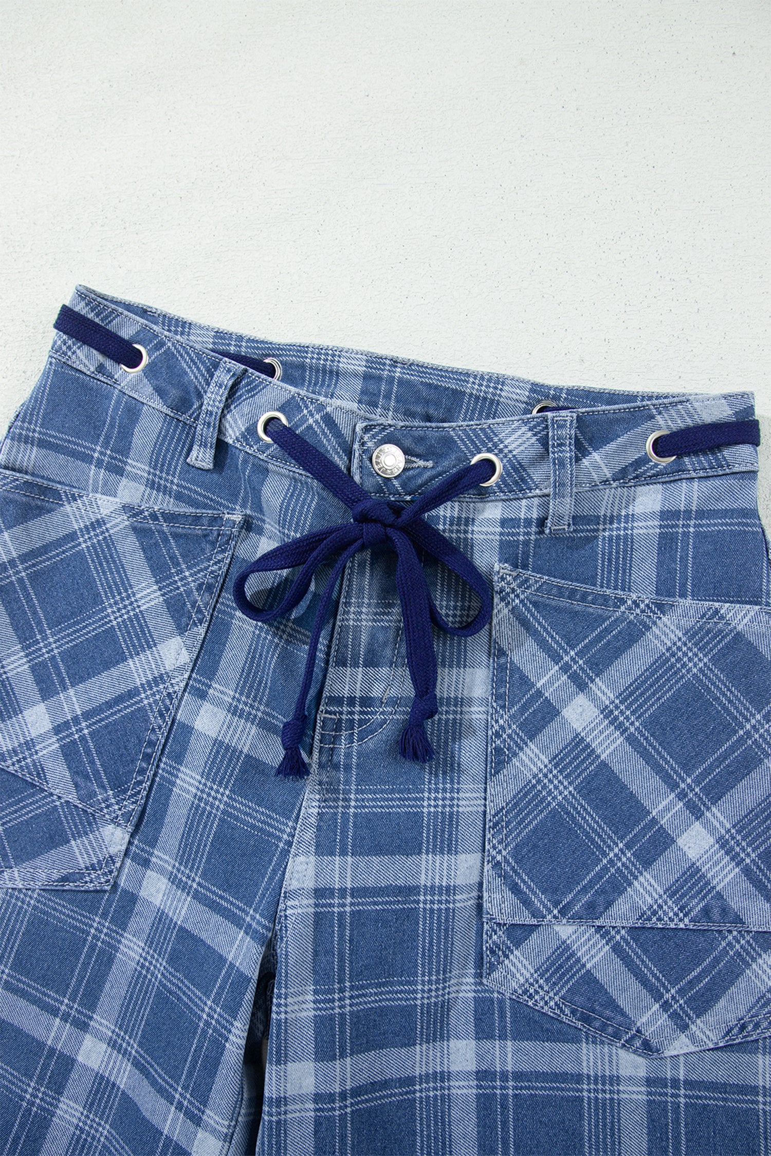 Sky Blue Plaid Denim Grommet Drawstring Waist Ankle-Length Jeans