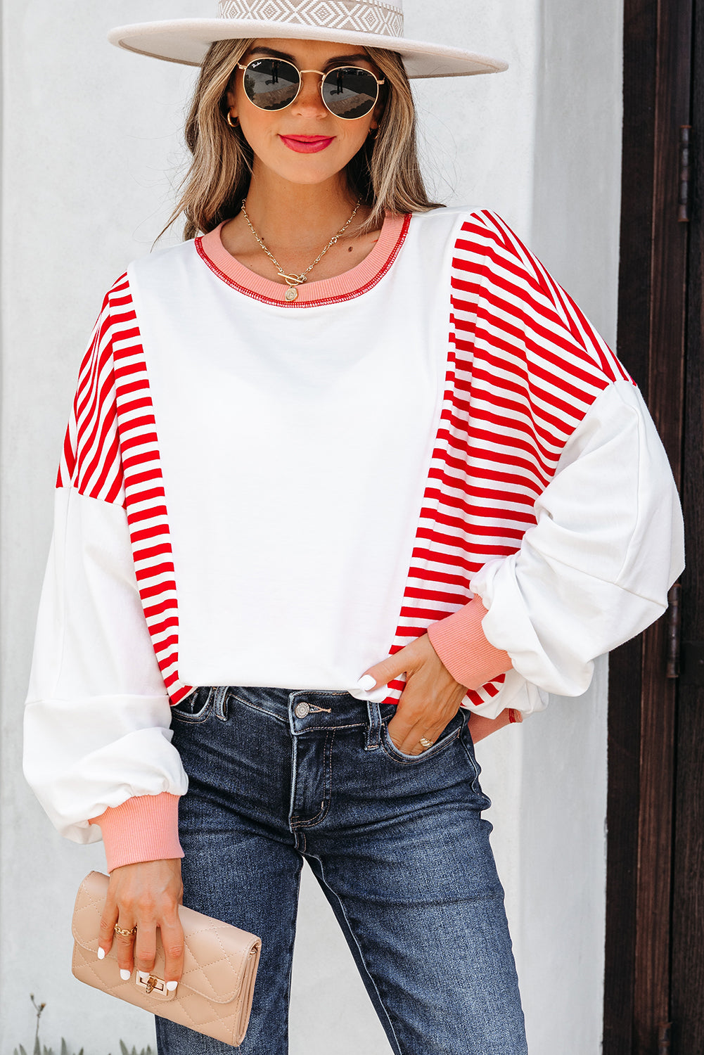 White Stripe Colorblock Patchwork Contrast Stitching Oversize Sweatshirt