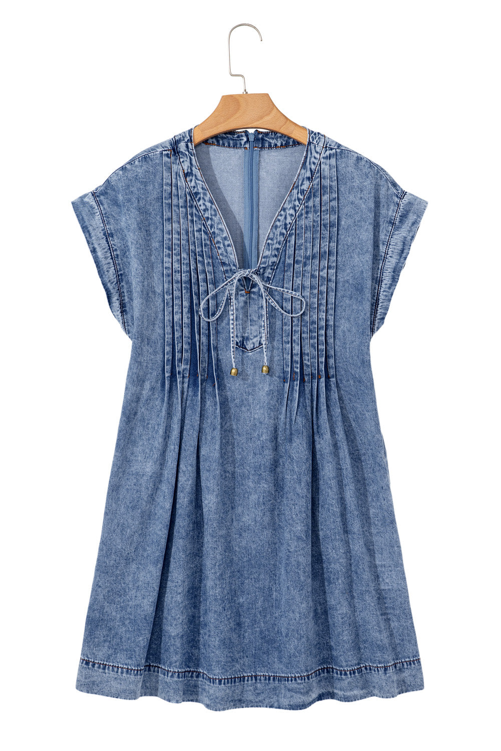 Beau Blue Tie V Neck Tucking Detail Short Sleeve Denim Shift Dress