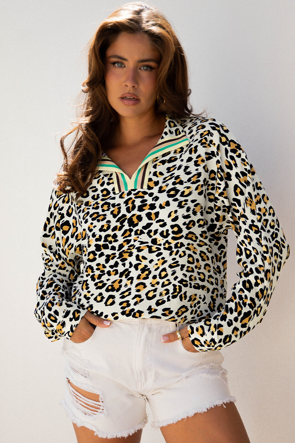 Khaki Leopard Print Contrast Striped V Neck Blouse