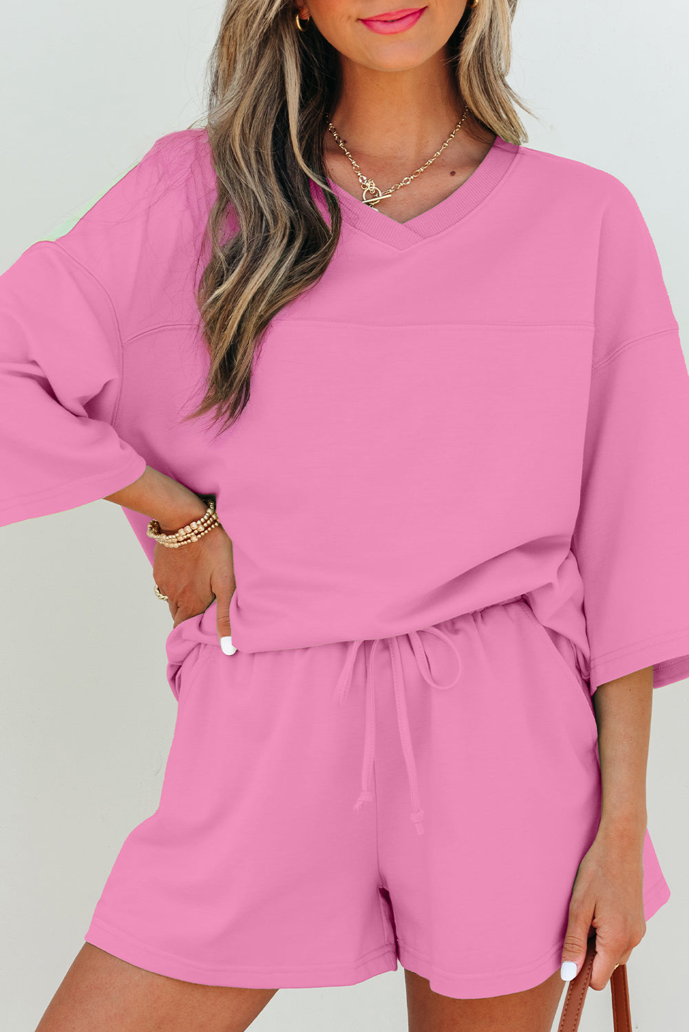 Sea Green Solid Loose V Neck Half Sleeve Tee and Shorts