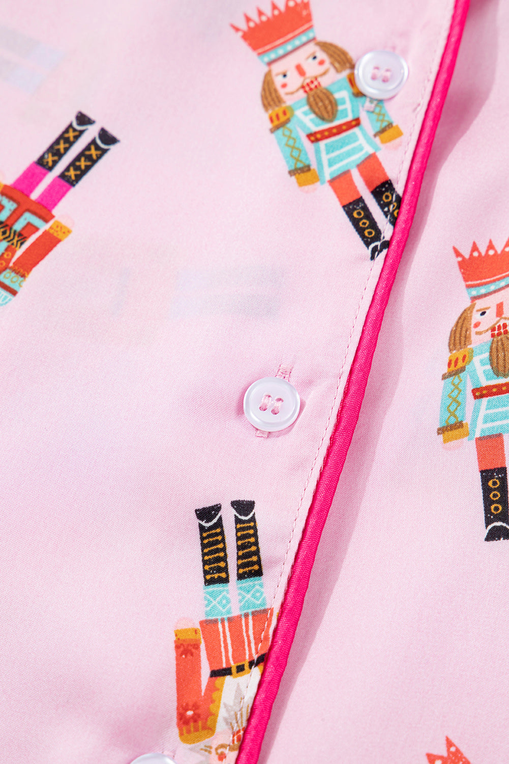 Pink Nutcracker Print Contrast Trim Tied up Bow Silky 2pcs Pajama Set