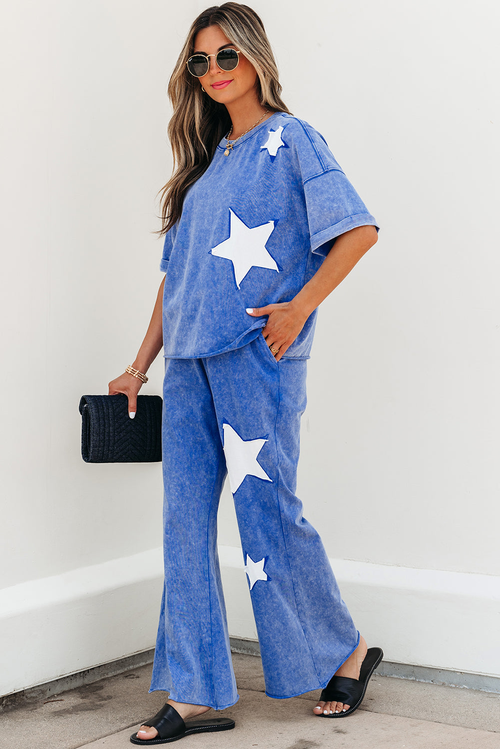 Light Pink Acid Wash Star Patched Rolled Trim Pants Set