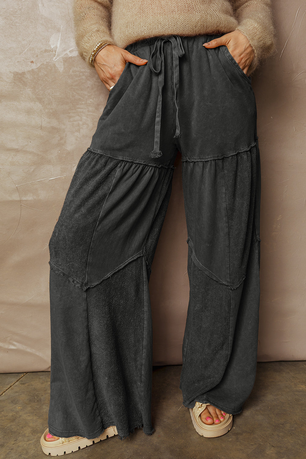 Straw Yellow Mineral Wash Tiered Wide Leg Patchwork Drawstring Pants