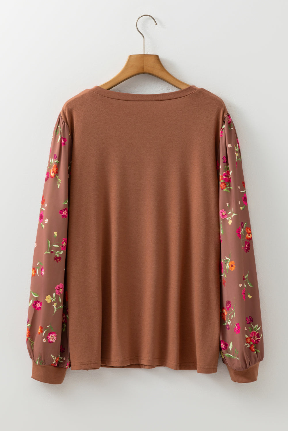 Brown Floral Sleeve Patchwork Round Neck Plus Blouse