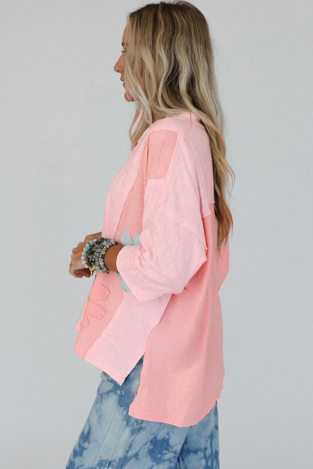Green Flower Patched Exposed Seam Bracelet Sleeve Oversized T Shirt