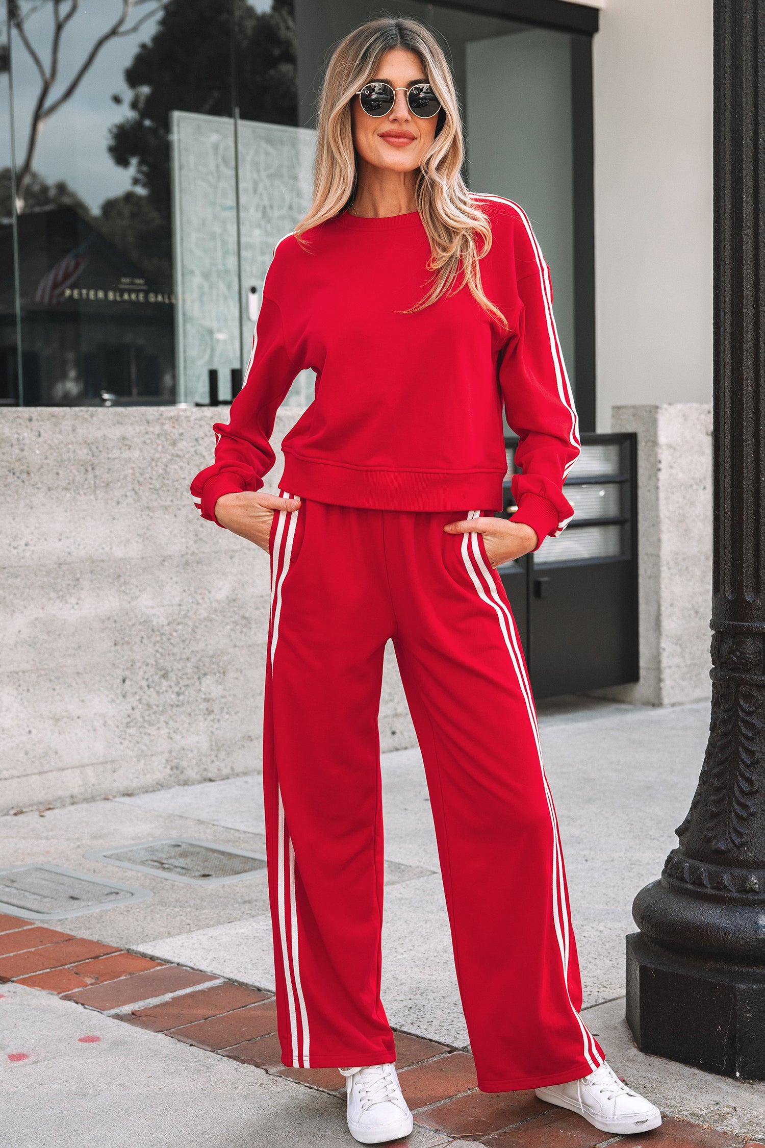 Black Varsity Striped Detail Crewneck Pullover Elastic Sweatpants 2pcs Outfit