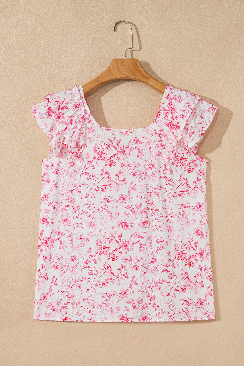 Pink Floral Ruffled Short Sleeve Bow Back Square Neck Blouse