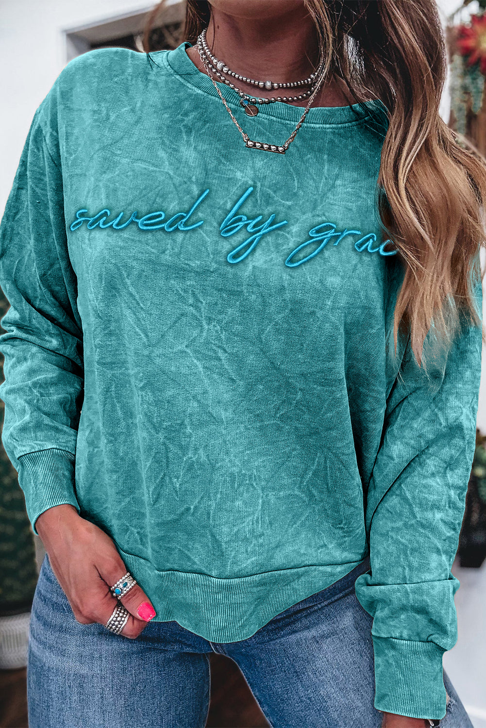High-rise saved by grace Letter Embroidery Mineral Wash Loose Sweatshirt