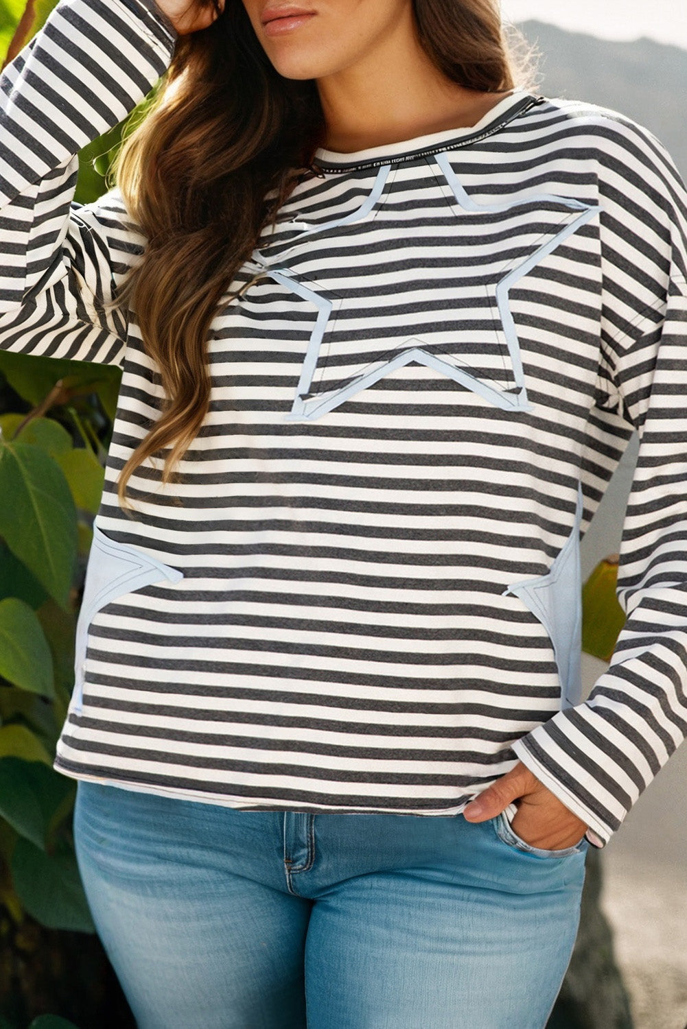 Gray Stripe Contrast Star Stitched Plus Size Long Sleeve Top